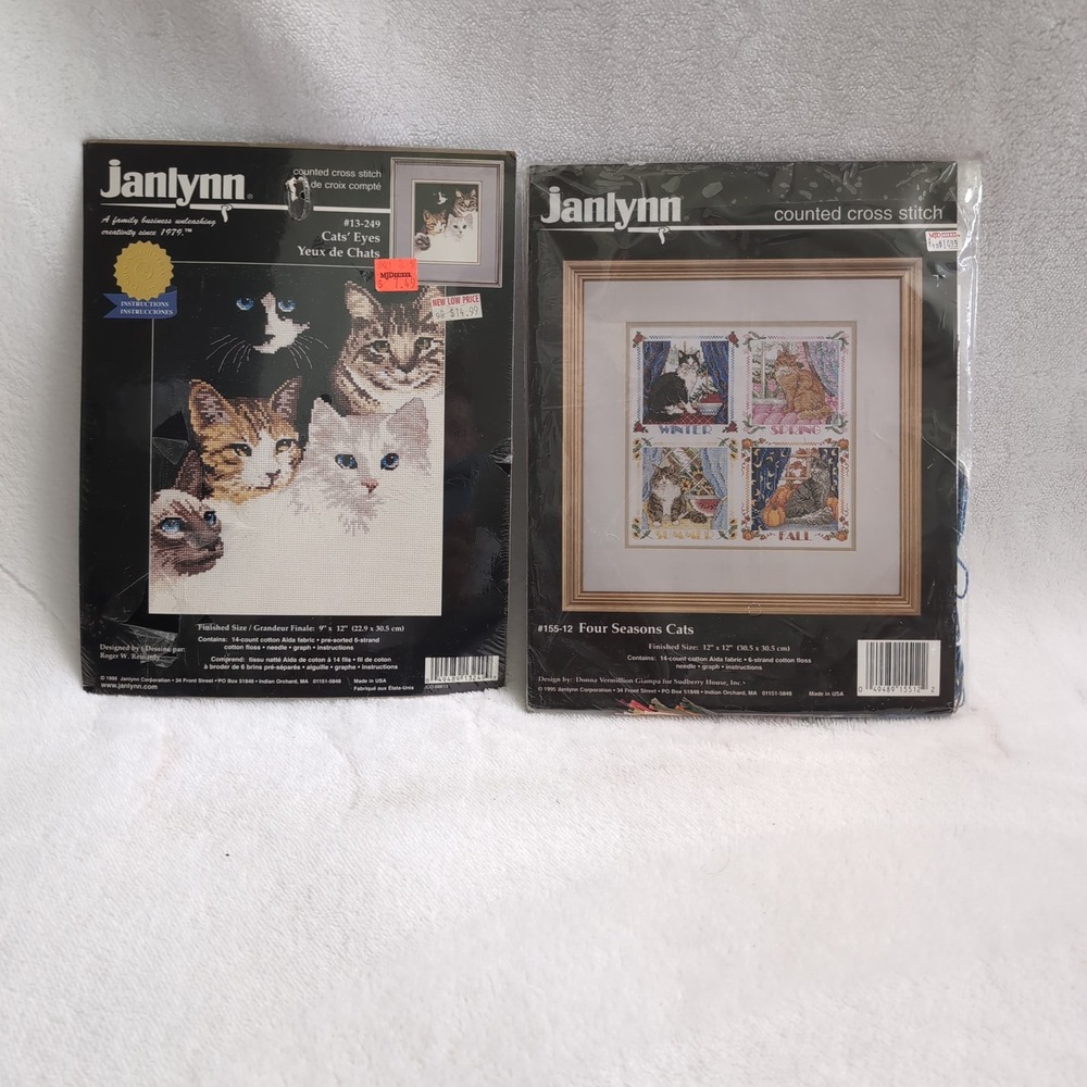 New Janlynn Cat Counted Cross Stitch Kit Lot 2 Cats Eyes Four Seasons Cats Kitty